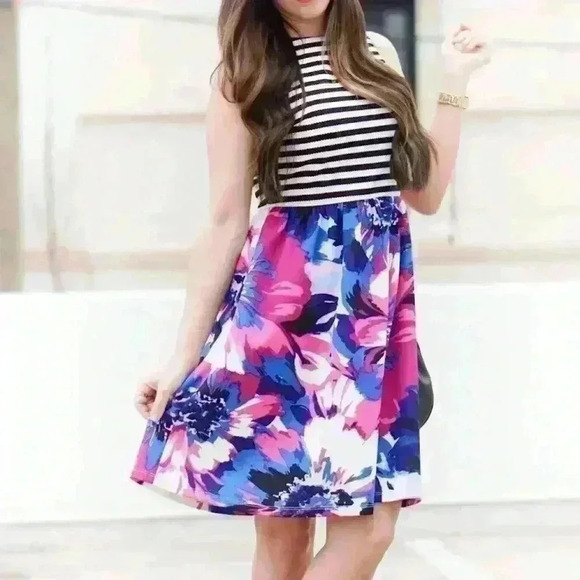 London Times Mini Dress Woman's Size 8 Sleeveless Stripe Floral Multi Color Zip - Picture 1 of 8